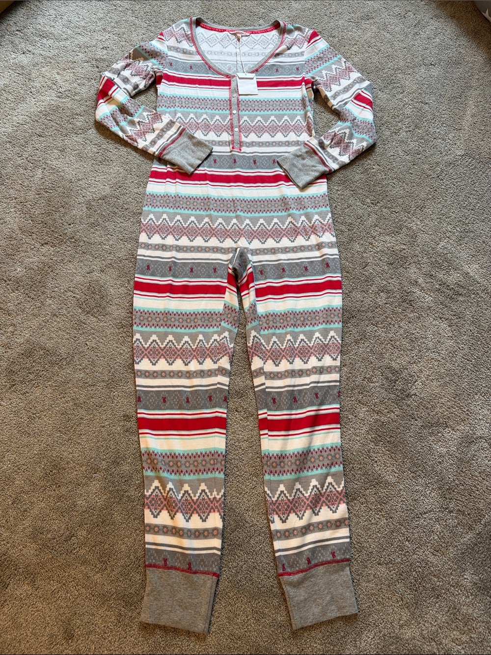 Victoria’s Secret Cozy Fair Isle One-Piece Women’s Pajamas - Red & Gray